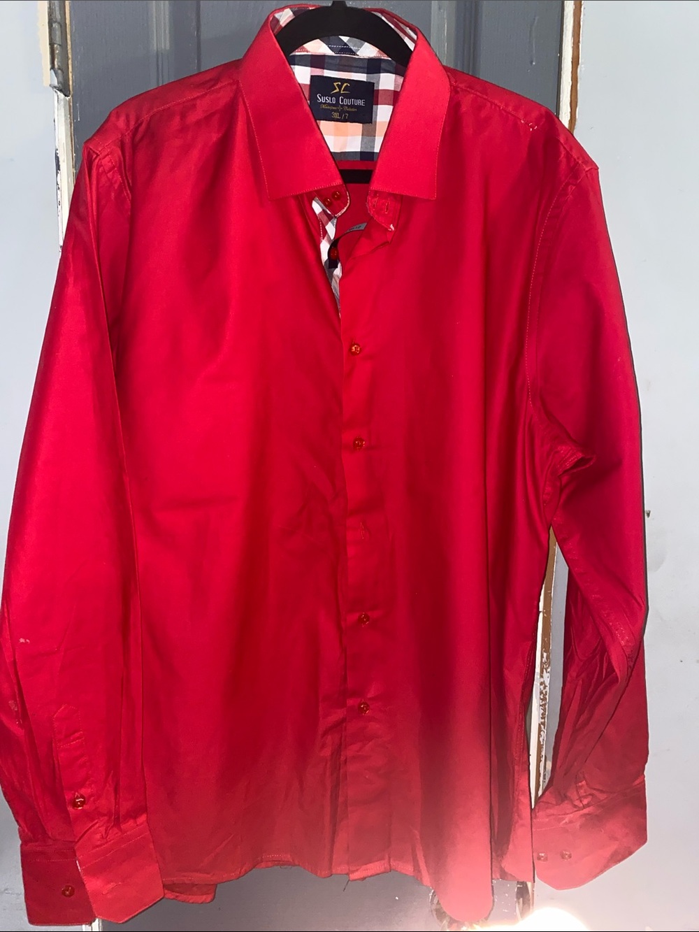 SULLO COUTURE Men’s Red Long-Sleeve Dress Shirt with Contrast Trim